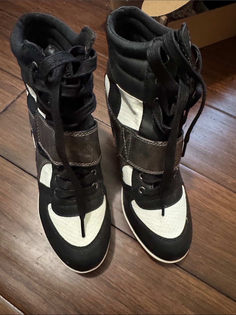 Express Black and White High-Top Wedge Sneakers